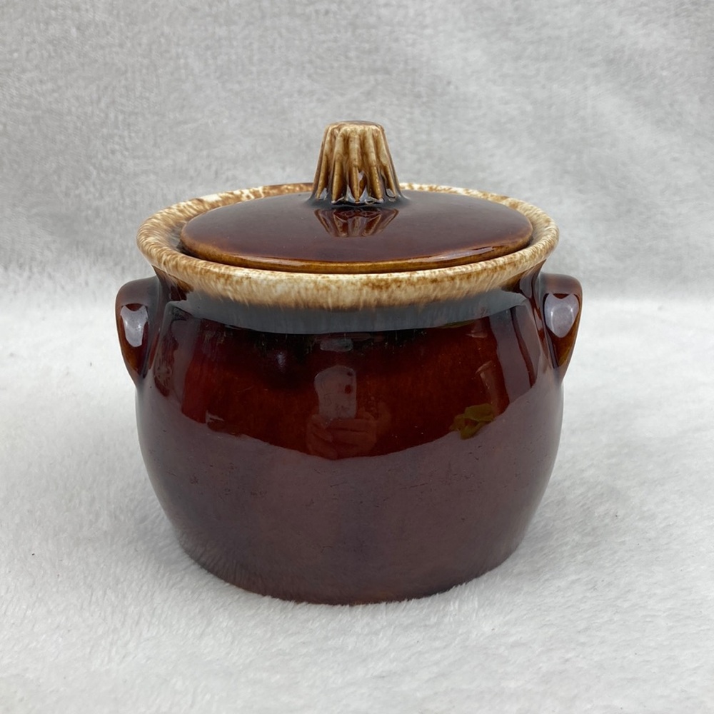 VTG Sugar Bowl Brown Hull Monmouth Pottery Maple Leaf Drip Glazed 12oz with Lid